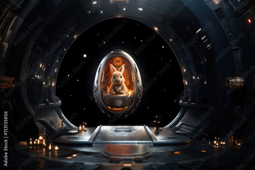 The Easter Bunny in an egg-shaped spacepad lands on a spacecraft. Futuristic concept. The Easter Bunny in an egg-shaped spacepad lands on a spacecraft. Futuristic concept.