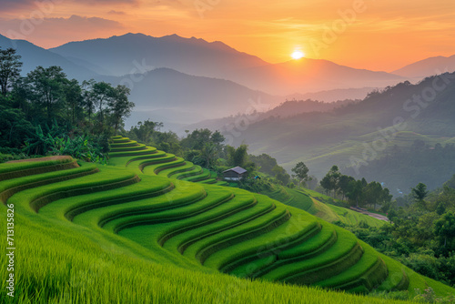 Sunset Serenity at Mountainous Rice Fields