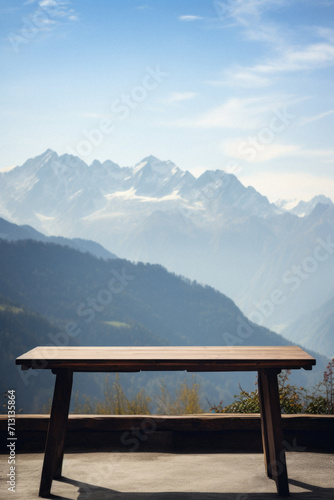 Wooden table mountains bokeh background  empty wood desk surface product display mockup with blurry nature hills landscape abstract travel backdrop advertising presentation. Mock up  copy space.