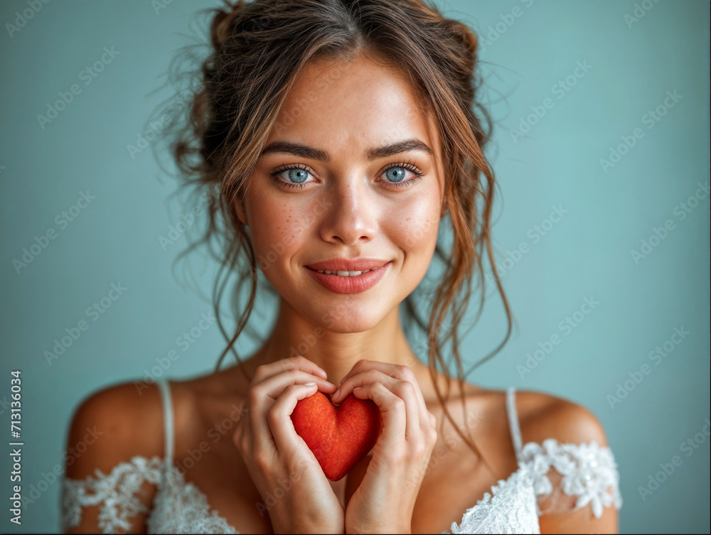 Beautiful Young Woman Holding Red Heart with Love Beautiful Young Woman Holding Red Heart with Love