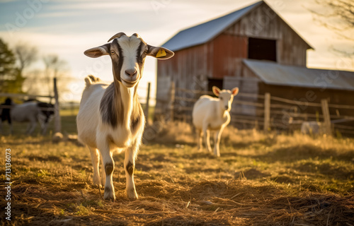 Curious goat looking at camera in golden hour farm setting