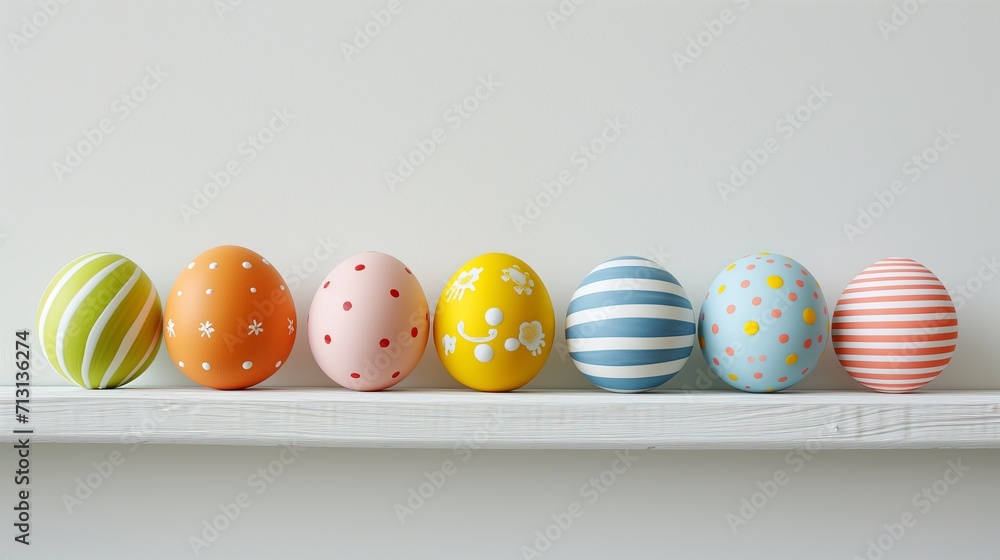 Row of Simply Decorated Easter Eggs on Neutral Backdrop Row of Simply Decorated Easter Eggs on Neutral Backdrop