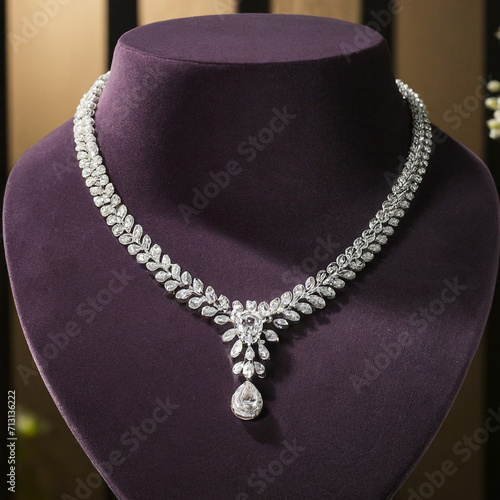 A diamond necklace draped over a velvet jewelry display, catching the light