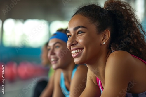 Two young female athletes laughing in the training session indoor stadium.