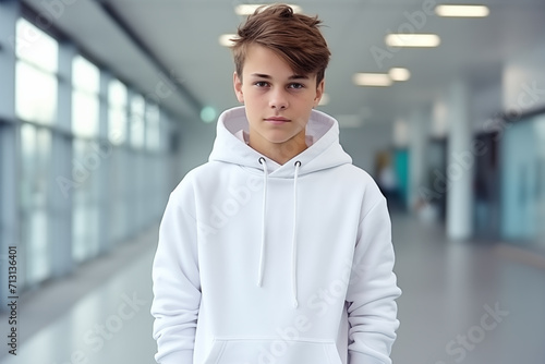 Boy in blank white hoody inside school building. Mock up design for hoodies and casual sportswear. Generate AI