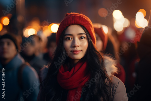 Portrait of a beautiful young asian woman with red hat and scarf.