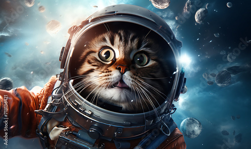 Cat wearing astronaut suit full equipment flying on galaxy AI Image Generative photo