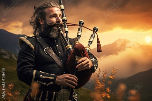 senior scotttish man dressed in traditional national costume playing music on  bagpipes. Musician in Scotland playing in nature at sunset. 
