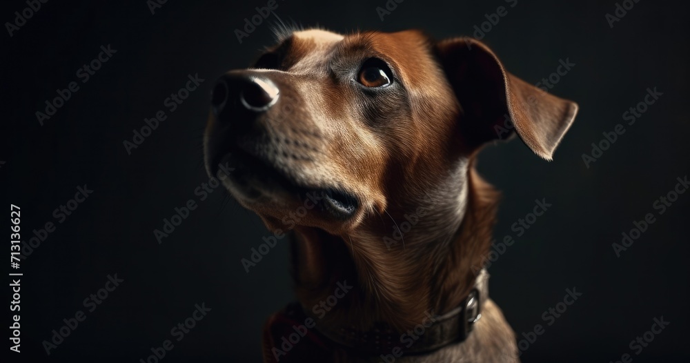 A loyal brown dog of an unknown breed gazes up with its snout pointed towards its collar, a faithful and beloved pet to its owner A loyal brown dog of an unknown breed gazes up with its snout pointed towards its collar, a faithful and beloved pet to its owner