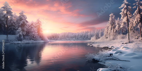 A stunning winter scene captures the sun setting over a snowy brook, creating a vibrant fantasy landscape with lack and sunset bright background Ai Generative
