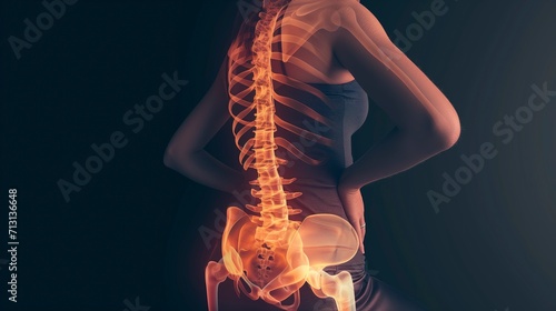 glowing digital overlay of the spine and pelvis on a woman's silhouette against a dark background, illustrating spine health and anatomy