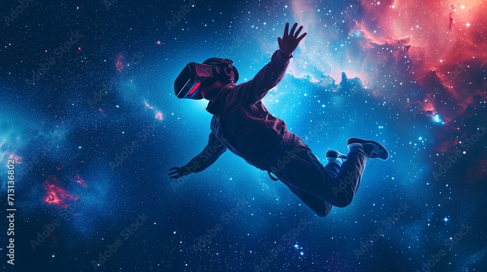 Kid flying in a cosmic environment with VR headset Kid flying in a cosmic environment with VR headset