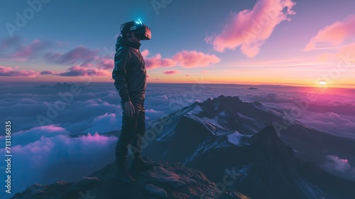 Man experiencing VR Gazing at Sunset from Mountain Summit