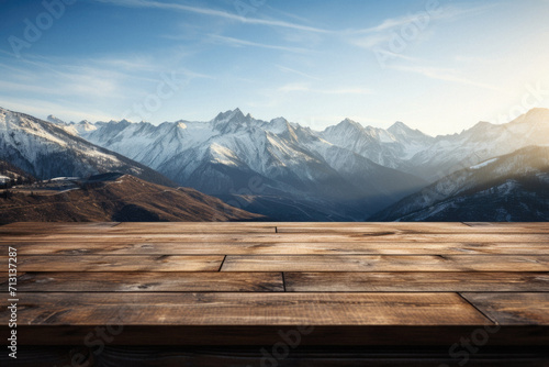 Wooden table mountains bokeh background, empty wood desk surface product display mockup with blurry nature hills landscape abstract travel backdrop advertising presentation. Mock up, copy space. © Synthetica