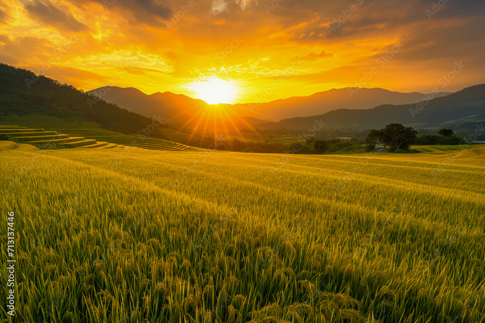 Golden Sunrise Over Terraced Rice Fields