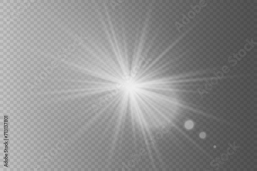 Flash light effect. White light rays and glare of a star. On a transparent background.