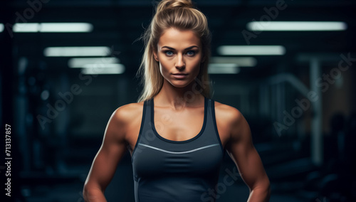 Confident female athlete posing in gym with focus and determination