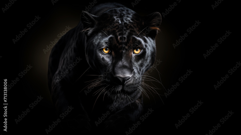 Close up beautiful angry big Black leopard isolated on black background