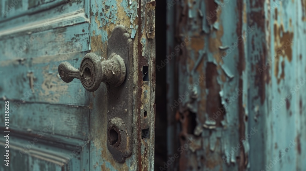 A detailed view of a door handle on a wooden door. Suitable for home improvement or architectural themes