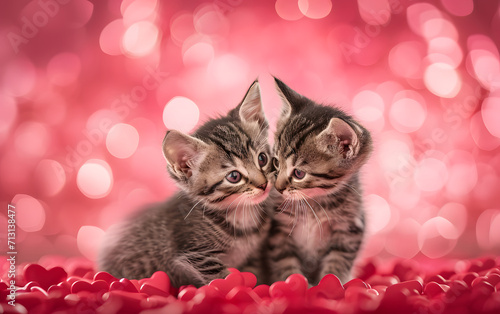 Two Cats on a Sparkling Background with a Heart-Shaped Balloon. Perfect for Projects Blending Valentine's Day, New Year's, and the Essence of Romance with Playful Feline Charm. photo