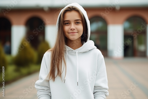 Girl in blank white hoody outside school building. Mock up design for hoodies and casual sportswear. Generate AI