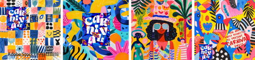 Carnival and festival. Vector illustration of a holiday, cheerful people in a suit, abstract bright cute pattern in patchwork style, doodles and logo for poster, flyer, invitation or background