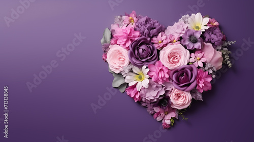 Beautiful bouquet of flowers in heart shape on purple background. Valentine's day, mother's day, women's Day background with space for text. Generate AI
