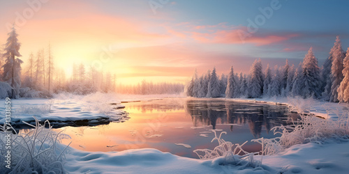 Winter landscape background with lacks Photo winter forest sunset and frozen snow flakes sunset on blue sky background Ai Generative