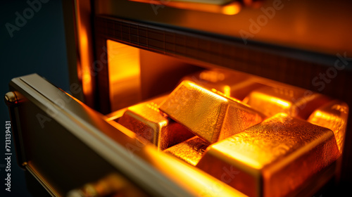 Gold bars gleaming inside an open safe, symbolizing wealth and investment. 