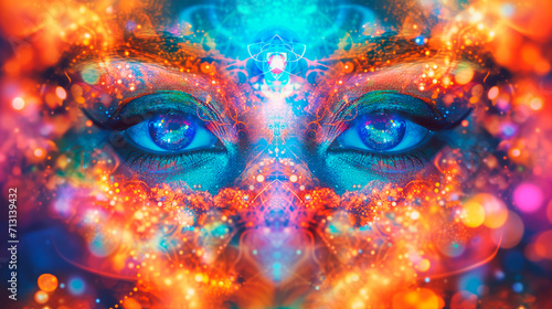 Psychedelic portrait of woman with vibrant neon colors.