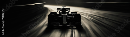 Silhouette of a Formula One car under dramatic lighting.