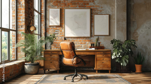  Le bureau à domicile affiche un design rustique et industriel avec un grand bureau en bois, une chaise pivotante en cuir et des détails organisés. Une fenêtre éclaire la pièce, ornée de plantes et de