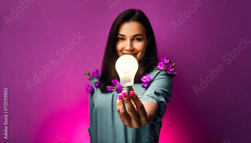 Feminine Brilliance: Hand Holding a Radiant Light Bulb Infused with Purple Blooms on a Magenta Canvas