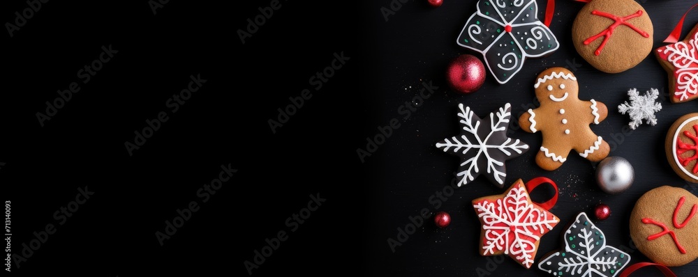 Beautiful Christmas decoration with amazing gingerbread cookies. Merry christmas theme. Christmas greeting card over black background, top view. Flat lay with copy space for xmas greetings.