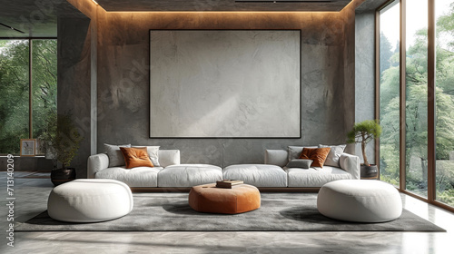 
Salon moderne : murs briques, grandes fenêtres, canapé blanc, tapis, plantes vertes. Ambiance invitante, design industriel. photo