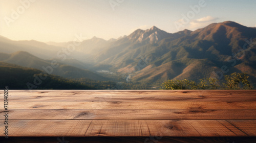 Wooden table mountains bokeh background, empty wood desk surface product display mockup with blurry nature hills landscape abstract travel backdrop advertising presentation. Mock up, copy space.