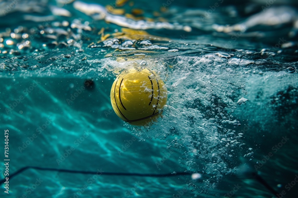 Waterpolo ball crashing into the water, view from underwater.
