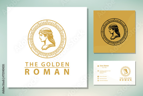 Ancient Greek Figure Coin with Laurel Wreath and Border Pattern logo design