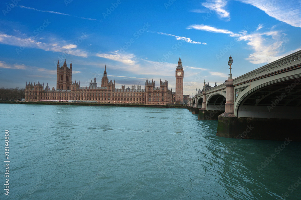 Big Ben, the Houses of Parliament and Westminster bridge in London, United Kingdom.