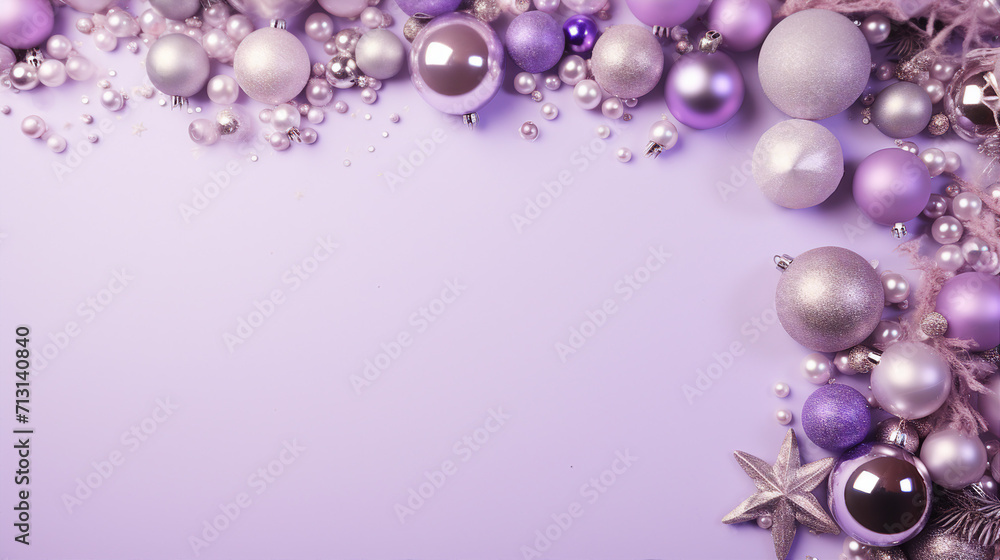 Whimsical Christmas Flat Lay with Sparkling Toys on a Lavender Background - Top View Composition for Festive Text and Promotional Content Whimsical Christmas Flat Lay with Sparkling Toys on a Lavender Background - Top View Composition for Festive Text and Promotional Content