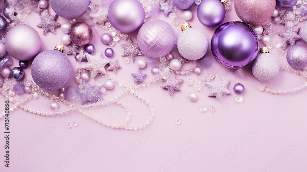 Whimsical Christmas Flat Lay with Sparkling Toys on a Lavender Background - Top View Composition for Festive Text and Promotional Content Whimsical Christmas Flat Lay with Sparkling Toys on a Lavender Background - Top View Composition for Festive Text and Promotional Content