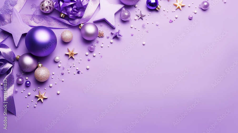 Whimsical Christmas Flat Lay with Sparkling Toys on a Lavender Background - Top View Composition for Festive Text and Promotional Content Whimsical Christmas Flat Lay with Sparkling Toys on a Lavender Background - Top View Composition for Festive Text and Promotional Content