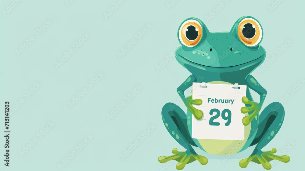 Leap day, 29 February 2024 illustration with Green Frog, calendar with