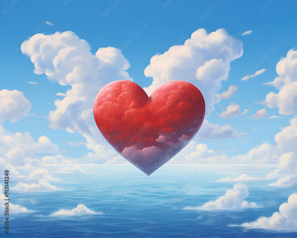 Red heart on the background of the sea and clouds. 3d illustration