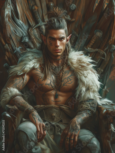 barbarian elven king on throne - generative ai