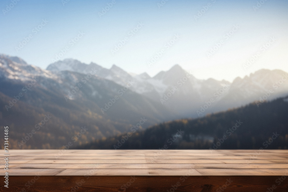 Wooden table mountains bokeh background, empty wood desk surface product display mockup with blurry nature hills landscape abstract travel backdrop advertising presentation. Mock up, copy space.
