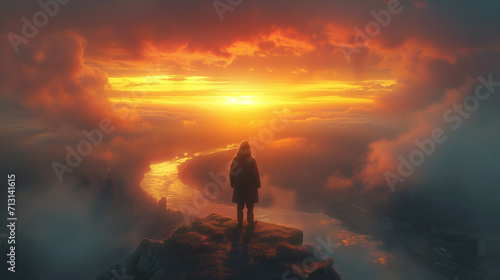 Person meditating on the cliff in sunrise
