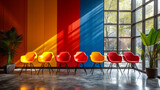 L'image montre une rangée de chaises élégantes contre un mur coloré avec des sections peintes en rouge, orange et bleu. La lumière du soleil qui traverse la grande fenêtre projette des reflets vibrant