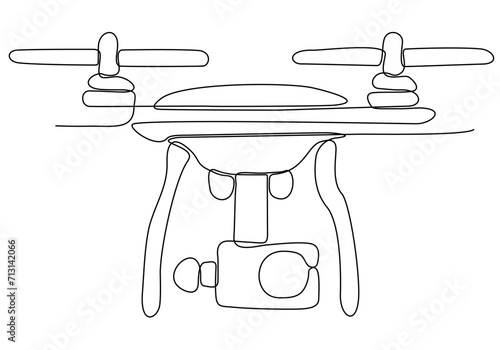 One single line drawing of drone flying, vector graphic illustration of unmanned drone. Modern aerial gadget for videography concept. Modern continuous line drawing design