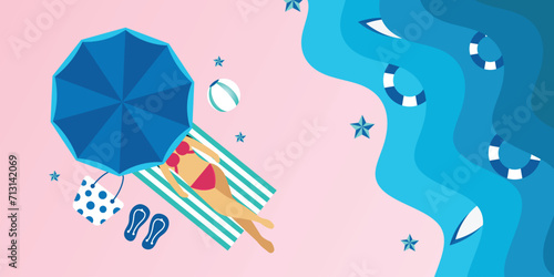 Cartoon women sunbathe on the beach in a bikini by the sea, lying under an umbrella. Sexy lady